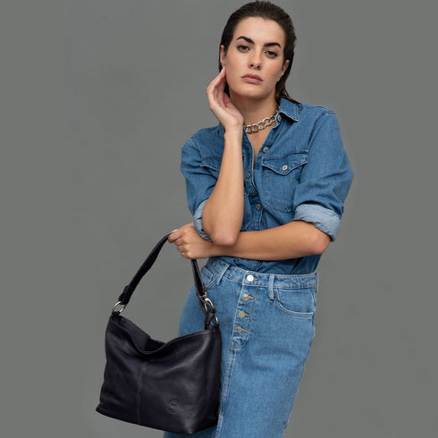 Mala de ombro de senhora em pele com alça extensível azul-marinho Mara