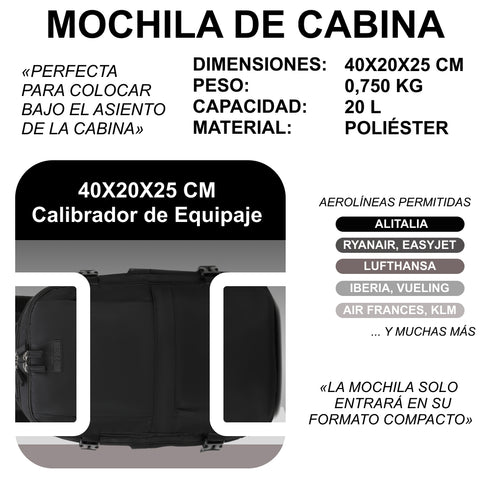 Mochila de viagem de cabine expansível dos anos 90 para Ryanair 40x25x20-25cm, com bolsa para sapatilhas, mochila casual