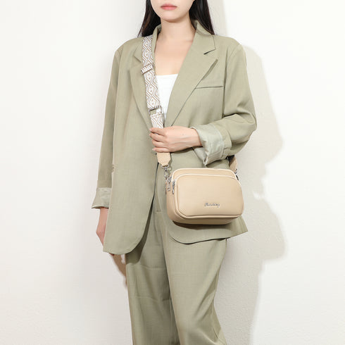 Bolsa de ombro pequena para mulher em pele PU, três compartimentos e duas alças, bolsa a tiracolo em pele sintética, presente original para mulher - Taupe