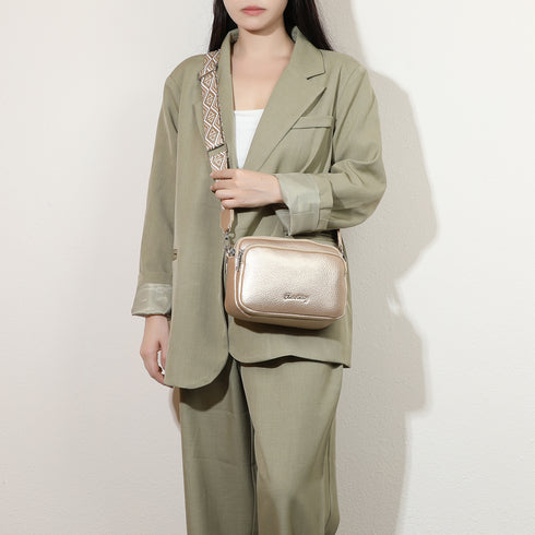Bolso bandolera mujer pequeño de cuero PU tres compartimentos y dos bandoleras, bolso mensajero para cruzar polipiel regalo original para mujer - Dorado