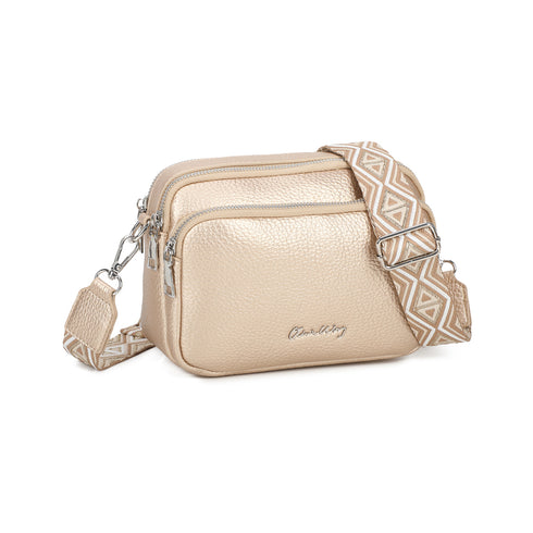 Bolso bandolera mujer pequeño de cuero PU tres compartimentos y dos bandoleras, bolso mensajero para cruzar polipiel regalo original para mujer - Dorado