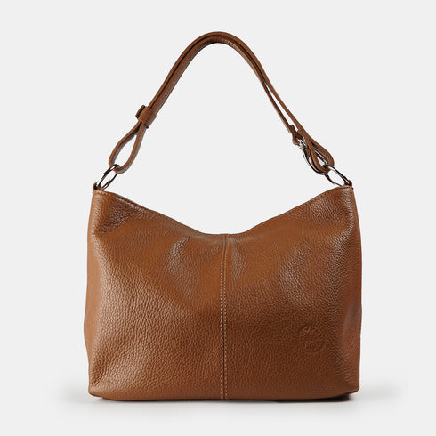 Bolso de hombro para mujer de piel con bandolera extensible marrón Mara