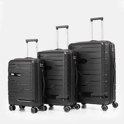 Juego de maletas PP Rígida 3 piezas|Maleta Cabina 55cm|Maleta Mediana 65cm Expandible |Maleta Grande 75cm Expandible |Bass Negro