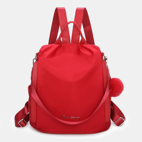 Mochila Antirroubo Impermeável para Mulher (14.80L) | Mochila Conversível em Mala de Ombro com Pompom e Alça Removível de Adorno Vermelho
