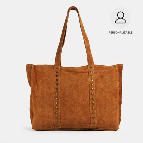 Mala shopper de senhora em pele para personalizar com tachas castanha-escura Alexandra