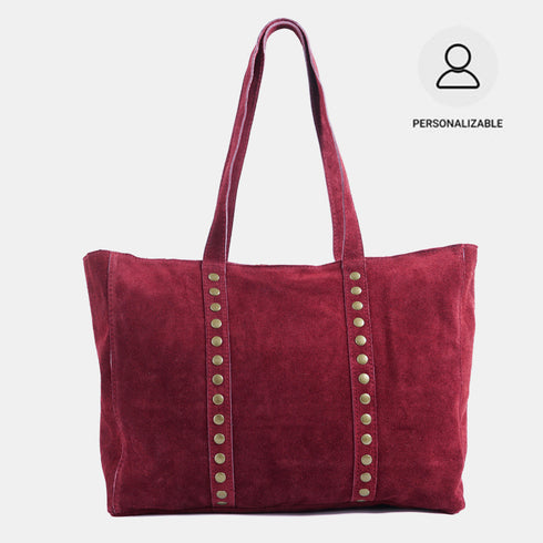 Mala shopper de senhora em pele personalizável com tachas bordeaux Alexandra