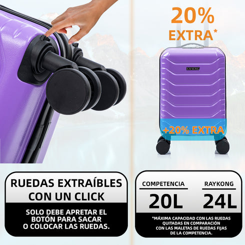 Mala de Cabine ABS 40x30x20 (24L) | Capacidade Máxima | Bagagem de Mão com Rodas Destacáveis para Ryanair | Vueling | EasyJet - Roxo