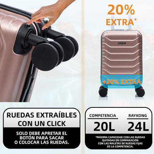 Mala de Cabine ABS 40x30x20(24L)| Capacidade Máxima| Bagagem de Mão com Rodas Removíveis para Ryanair | Vueling | EasyJet - Rosa Dourado