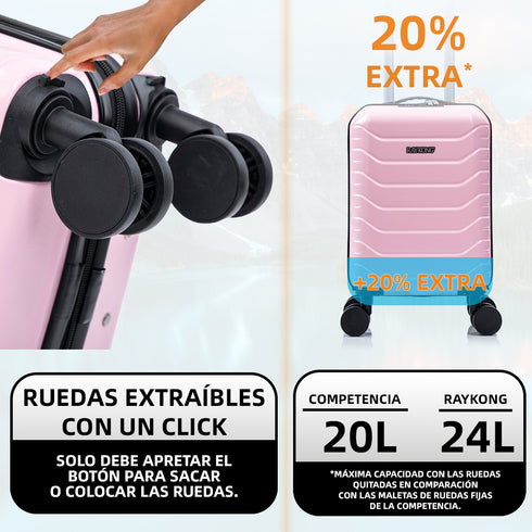 Mala de Cabine ABS 40x30x20(24L) | Capacidade Máxima | Bagagem de Mão com Rodas Destacáveis para Ryanair | Vueling | EasyJet - Rosa Claro