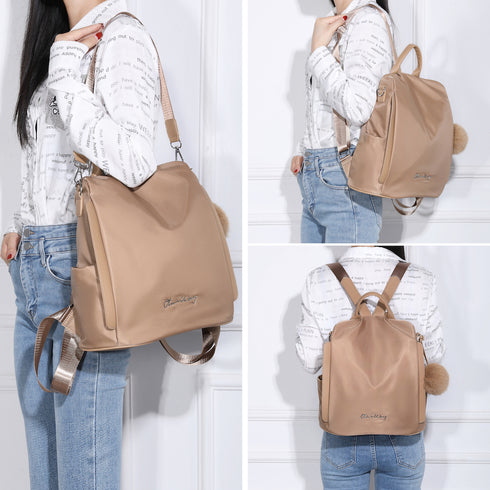 Mochila Antirroubo Impermeável para Mulher (14.80L) | Mochila Convertível em mala de ombro com pompão e alça amovível decorativa Cáqui