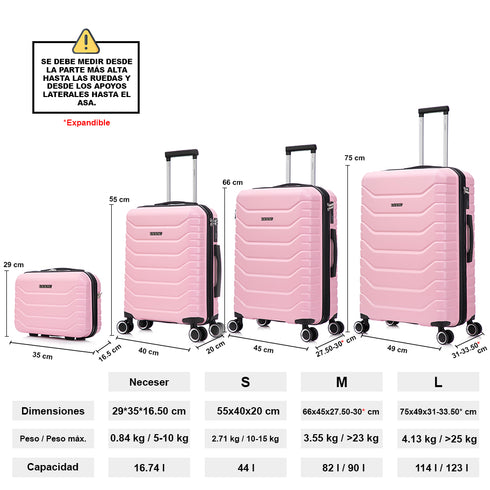 Conjunto de 4 Malas ABS+PC|Necessaire 29cm|Cabine 55x40x20cm|Média Expansível 20kg-23kg - 66x45x27.50-30cm|Grande Expansível 23kg-25kg - 75x49x31-33.50cm | Rosa Claro