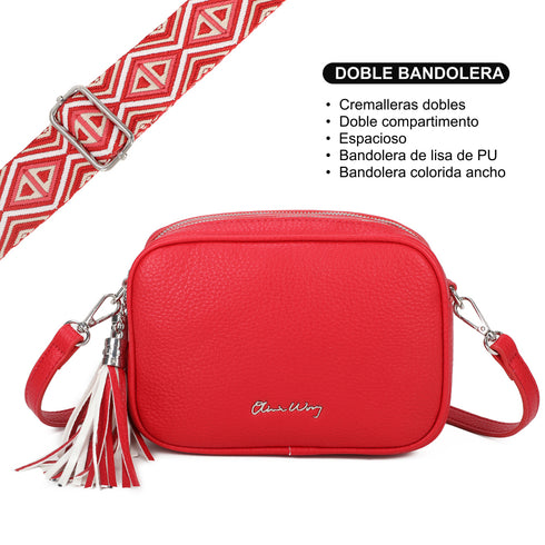 Bolso bandolera mujer pequeño de cuero PU dos compartimentos y dos bandoleras, bolso mensajero para cruzar polipiel regalo original para mujer - Rojo