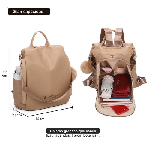 Mochila Antirroubo Impermeável para Mulher (14.80L) | Mochila Convertível em mala de ombro com pompão e alça amovível decorativa Cáqui