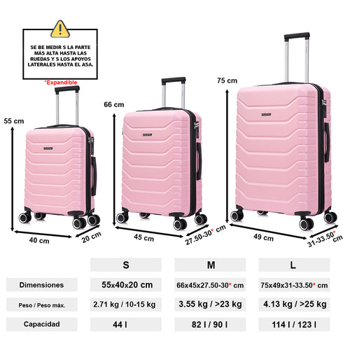 Raykong Conjunto de malas de viagem 3 peças | Mala de Cabine 55cm | Média Expansível 65cm | Grande Expansível 75cm - Watt (Rosa Claro)