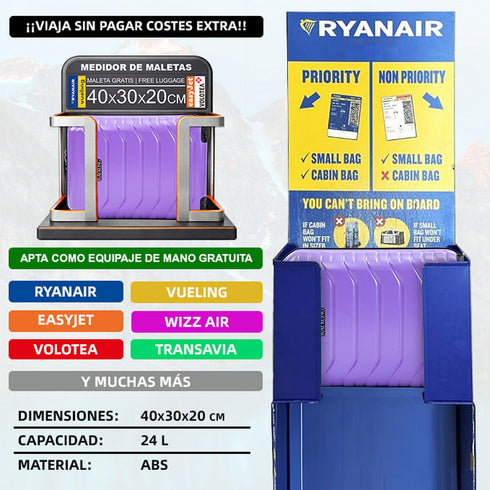 Mala de Cabine ABS 40x30x20 (24L) | Capacidade Máxima | Bagagem de Mão com Rodas Destacáveis para Ryanair | Vueling | EasyJet - Roxo