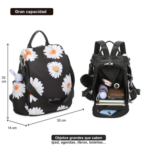 Mochila Antirroubo Impermeável para mulher (14.80L) | Mochila Convertível em mala com pompom e pega decorativa removível Margaridas