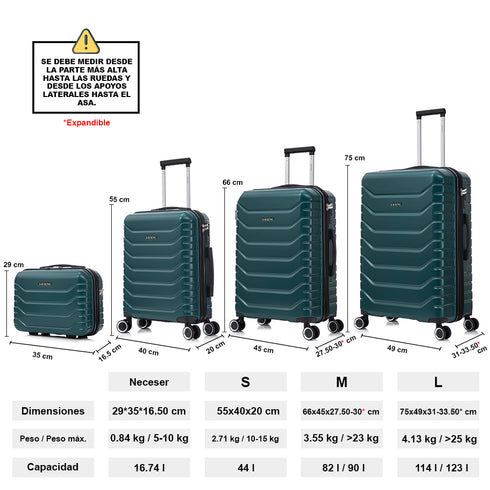 Conjunto de 4 Maletas ABS+PC|Neceser 29cm|Cabina 55x40x20cm|Mediana Expandible 20kg-23kg - 66x45x27.50-30cm|Grande Expandible 23kg-25kg - 75x49x31-33.50cm | Verde