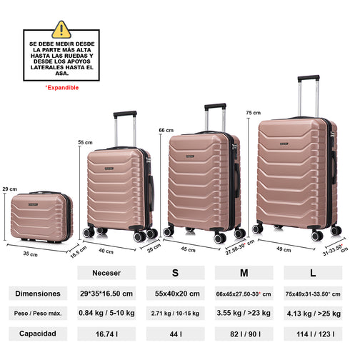 Conjunto de 4 Malas ABS+PC|Necessaire 29cm|Cabine 55x40x20cm|Média Expansível 20kg-23kg - 66x45x27.50-30cm|Grande Expansível 23kg-25kg - 75x49x31-33.50cm | Rosa Dourado