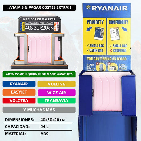 Mala de Cabine ABS 40x30x20(24L) | Capacidade Máxima | Bagagem de Mão com Rodas Destacáveis para Ryanair | Vueling | EasyJet - Rosa Claro