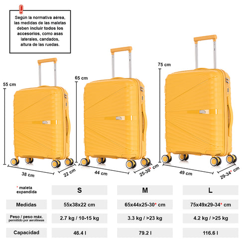 Juego de maletas PP Rígida 3 piezas|Maleta Cabina 55cm|Maleta Mediana extensible 65cm|Maleta Grande Extensible 75cm|Choco Amarillo