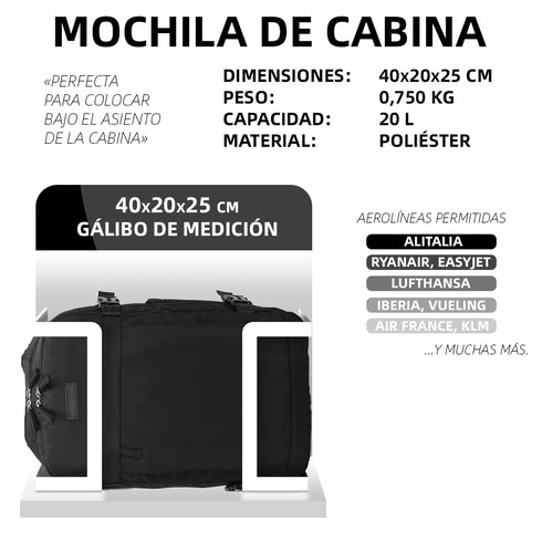 Raykong Mala de cabine Ryanair 40x20x25cm (20L) Preto