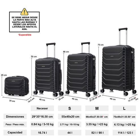 Conjunto de 4 Malas ABS+PC|Necessaire 29cm|Cabine 55x40x20cm|Média Expansível 20kg-23kg - 66x45x27.50-30cm|Grande Expansível 23kg-25kg - 75x49x31-33.50cm | Preto
