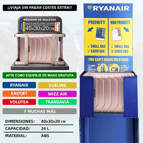 Mala de Cabine ABS 40x30x20(24L)| Capacidade Máxima| Bagagem de Mão com Rodas Removíveis para Ryanair | Vueling | EasyJet - Rosa Dourado