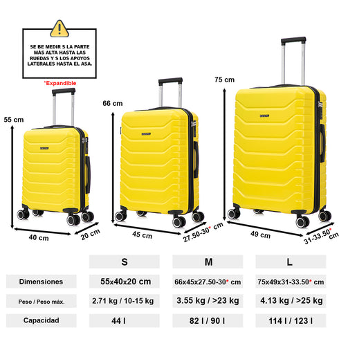 Conjunto de malas Raykong 3 peças | Mala de Cabine 55cm | Média Expansível 65cm | Grande Expansível 75cm - Watt (Amarelo)
