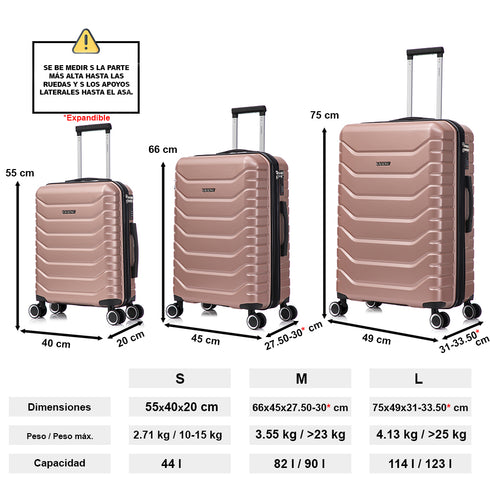 Raykong Conjunto de Malas de Viagem 3 Peças | Mala de Cabine 55cm | Média Expansível 65cm | Grande Expansível 75cm - Watt (Rosa Dourado)