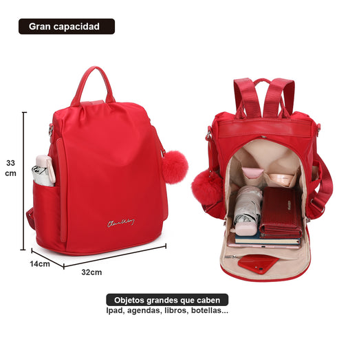 Mochila Antirroubo Impermeável para Mulher (14.80L) | Mochila Conversível em Mala de Ombro com Pompom e Alça Removível de Adorno Vermelho