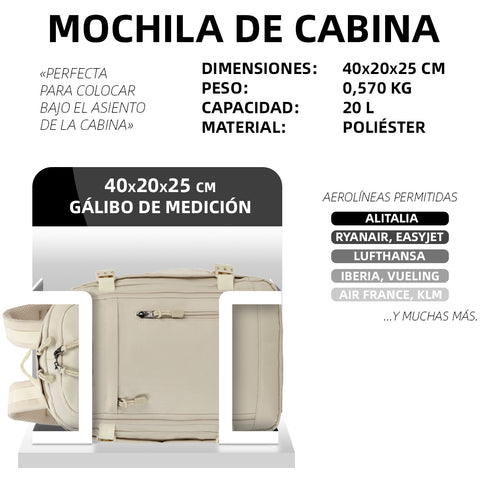 Raykong Mochila de Cabina Ryanair 40x20x25cm (20L) | Mochila de Viagem Impermeável para Avião | Bagagem de Mão Resistente | Mochila para Caminhadas | Escola | Trabalho - Bege
