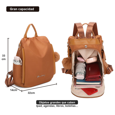 Mochila Antirroubo Impermeável para Mulher (14,80L) | Mochila Conversível em mala de ombro com pompom e alça removível de adorno Castanho