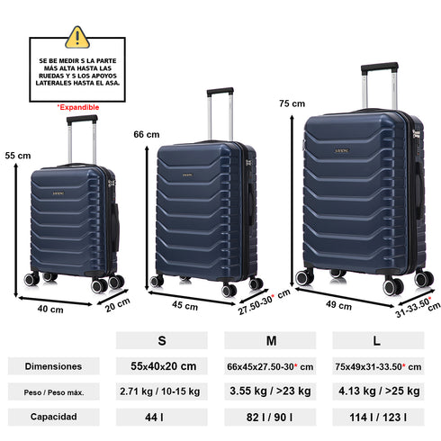Raykong Conjunto de Malas de Viagem 3 Peças | Mala de Cabine 55cm | Média Expansível 65cm | Grande Expansível 75cm - Watt (Azul Marinho)