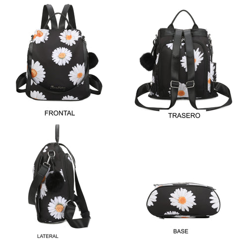 Mochila Antirroubo Impermeável para mulher (14.80L) | Mochila Convertível em mala com pompom e pega decorativa removível Margaridas