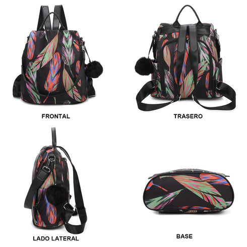 Mochila Antirroubo Impermeável para Mulher (14.80L) | Mochila Conversível em mala de ombro com pompom e alça removível de adorno Penas