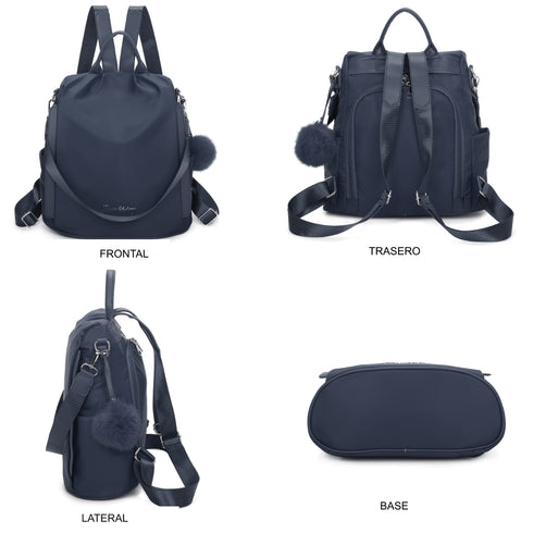 Mochila Antirroubo Impermeável para mulher (14.80L) | Mochila Conversível em mala de mão com pompão e alça removível de adorno Azul Marinho