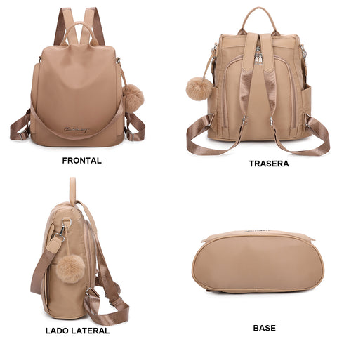 Mochila Antirroubo Impermeável para Mulher (14.80L) | Mochila Convertível em mala de ombro com pompão e alça amovível decorativa Cáqui