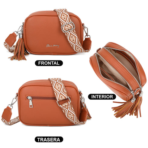 Bolsa de ombro pequena para mulher em pele PU, dois compartimentos e duas alças, mala de tiracolo em pele sintética, presente original para mulher - Castanho