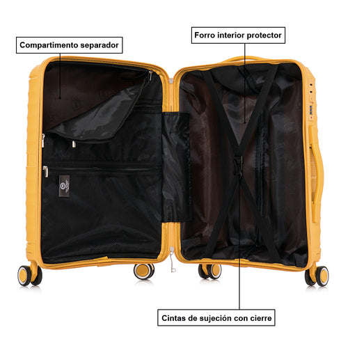 Mala de cabine 55x39x21.5 cm (46L) Polipropileno - Cadeado Integrado - 20 Polegadas - Amarelo - Chocolate