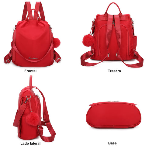 Mochila Antirroubo Impermeável para Mulher (14.80L) | Mochila Conversível em Mala de Ombro com Pompom e Alça Removível de Adorno Vermelho