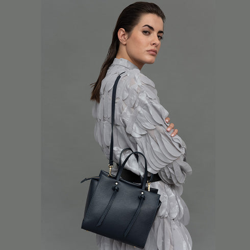 Mala de ombro feminina em pele com alças de mão azul-marinho Mercedes