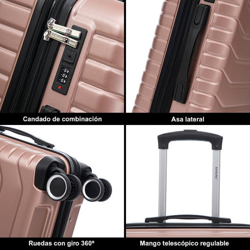 Conjunto de 3 Malas|Necessaire 29x35x16.50cm|Mala de Cabine ABS+PC 55x40x20cm|Média Expansível 20kg-23kg - 66x45x27.50-30cm | Rosa Dourado