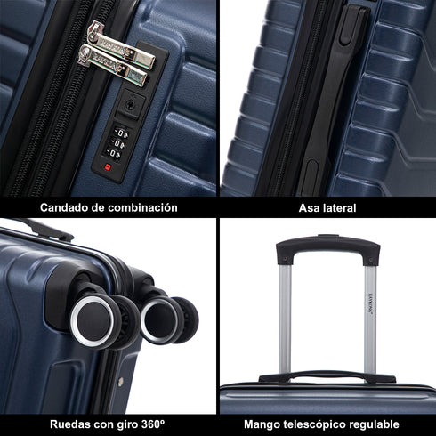 Conjunto de 4 Malas ABS+PC|Necessaire 29cm|Cabine 55x40x20cm|Média Expansível 20kg-23kg - 66x45x27.50-30cm|Grande Expansível 23kg-25kg - 75x49x31-33.50cm | Azul Marinho