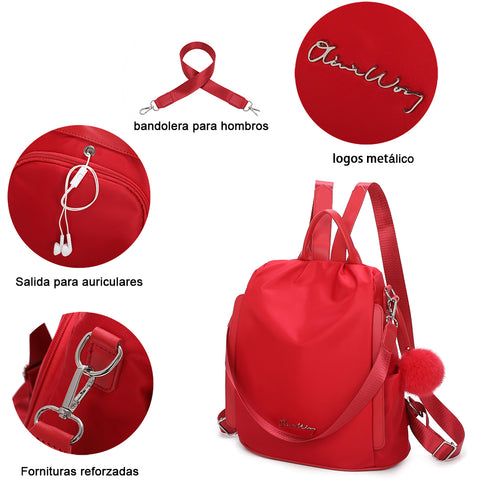 Mochila Antirroubo Impermeável para Mulher (14.80L) | Mochila Conversível em Mala de Ombro com Pompom e Alça Removível de Adorno Vermelho