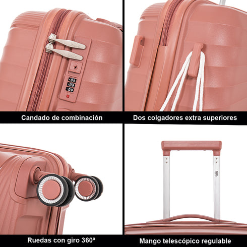 Mala de cabine 55x39x21.5 cm (46L) Polipropileno - Cadeado Embutido - 20 Polegadas - Rosa Dourado - Chocolate