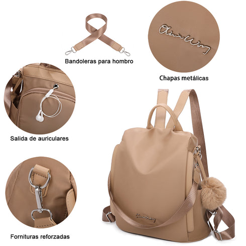 Mochila Antirroubo Impermeável para Mulher (14.80L) | Mochila Convertível em mala de ombro com pompão e alça amovível decorativa Cáqui