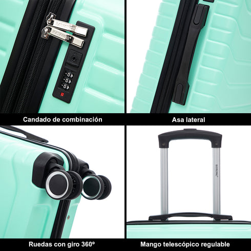 Conjunto de 3 Malas|Necessaire 29x35x16.50cm|Mala de Cabine ABS+PC 55x40x20cm|Média Expansível 20kg-23kg - 66x45x27.50-30cm | Menta