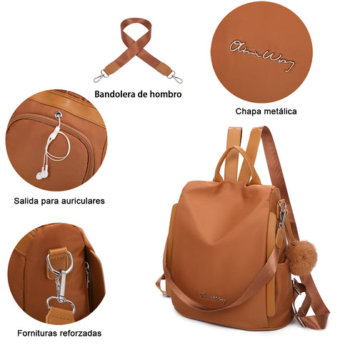 Mochila Antirroubo Impermeável para Mulher (14,80L) | Mochila Conversível em mala de ombro com pompom e alça removível de adorno Castanho