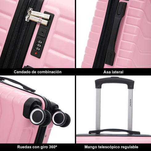 Conjunto de 4 Malas ABS+PC|Necessaire 29cm|Cabine 55x40x20cm|Média Expansível 20kg-23kg - 66x45x27.50-30cm|Grande Expansível 23kg-25kg - 75x49x31-33.50cm | Rosa Claro