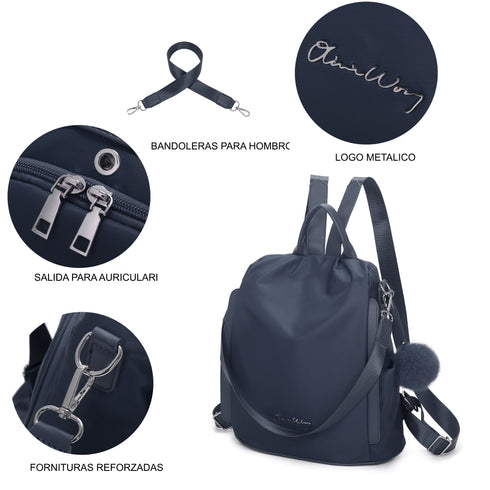 Mochila Antirroubo Impermeável para mulher (14.80L) | Mochila Conversível em mala de mão com pompão e alça removível de adorno Azul Marinho
